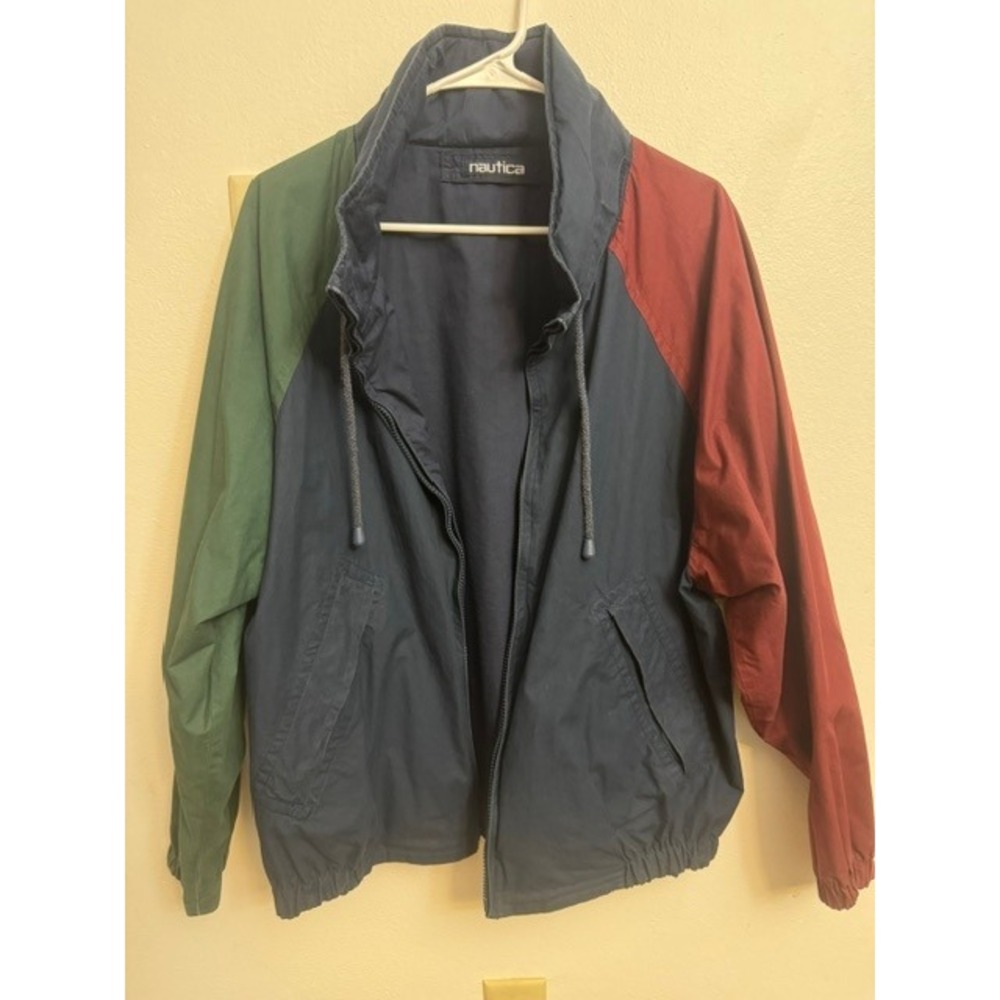 Nautica Reversible Colorblock Windbreaker Jacket Mens Medium Navy Green Tan Hood